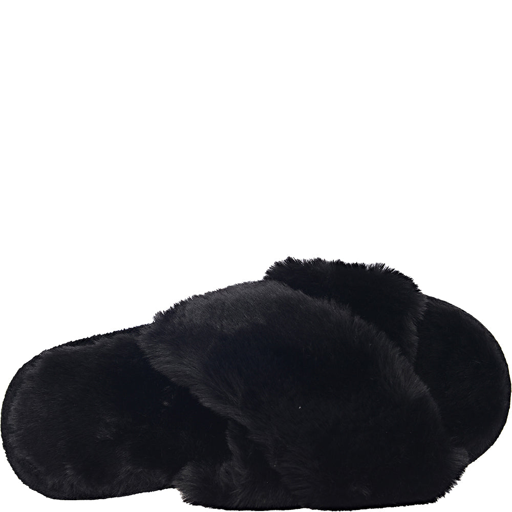 Loungeable Womens Fluffy Cross Front Slider Slipper in Black