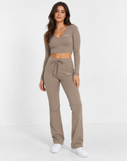 Sixth June Womens Long Sleeve Crop Top in Khaki