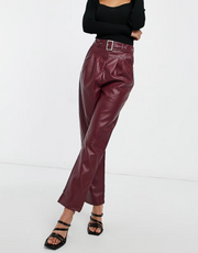 Violet Romance Womens Tall Belted Waist Pu Trousers in Burgundy