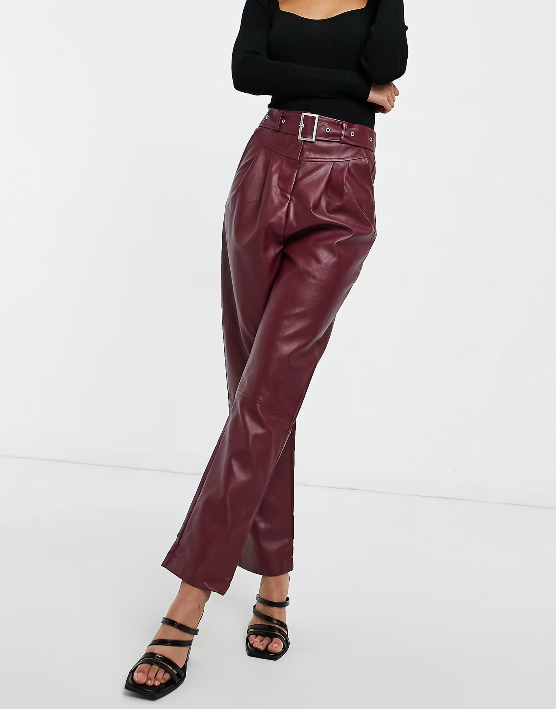 Violet Romance Womens Tall Belted Waist Pu Trousers in Burgundy