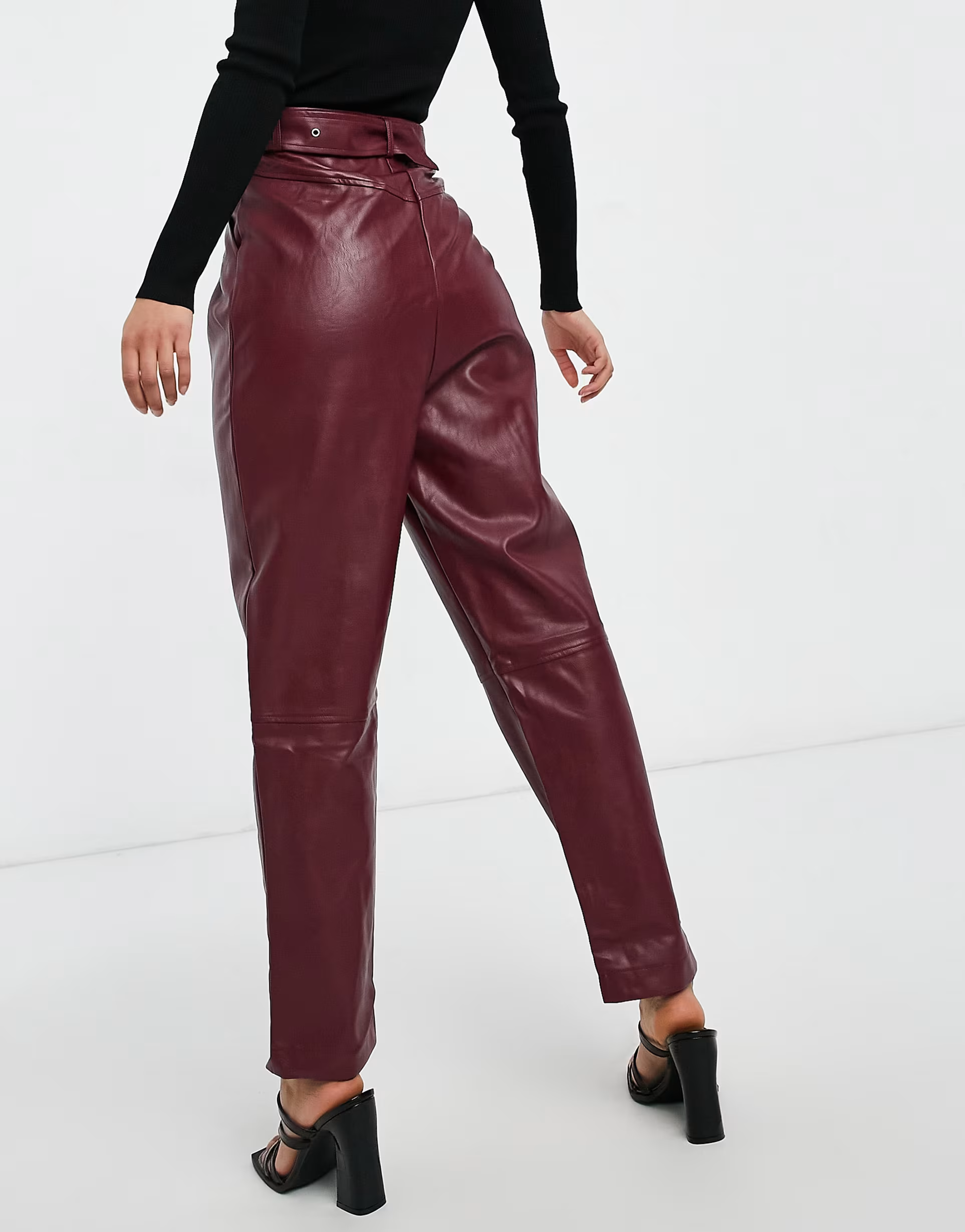 Violet Romance Womens Tall Belted Waist Pu Trousers in Burgundy