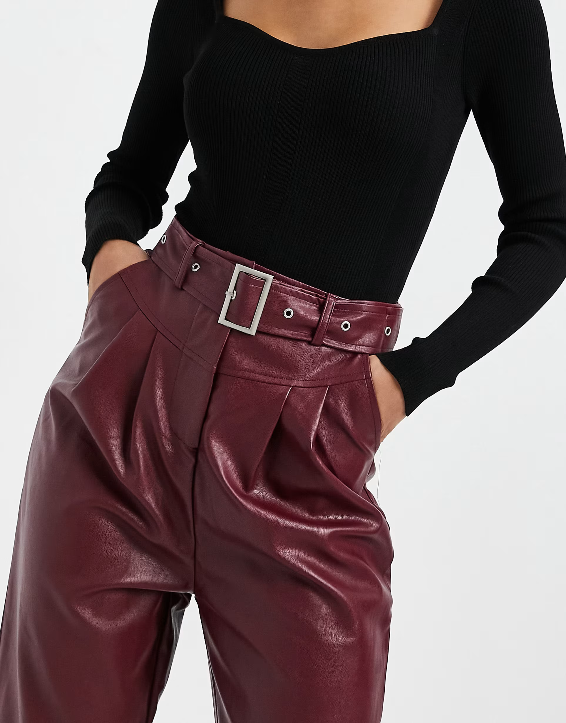 Violet Romance Womens Tall Belted Waist Pu Trousers in Burgundy
