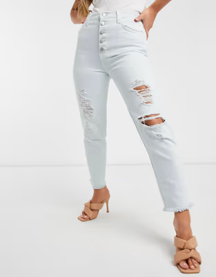 J Brand Womens Heather Straight Leg Distressed Jeans With Button Detail in Light Blue In Blue