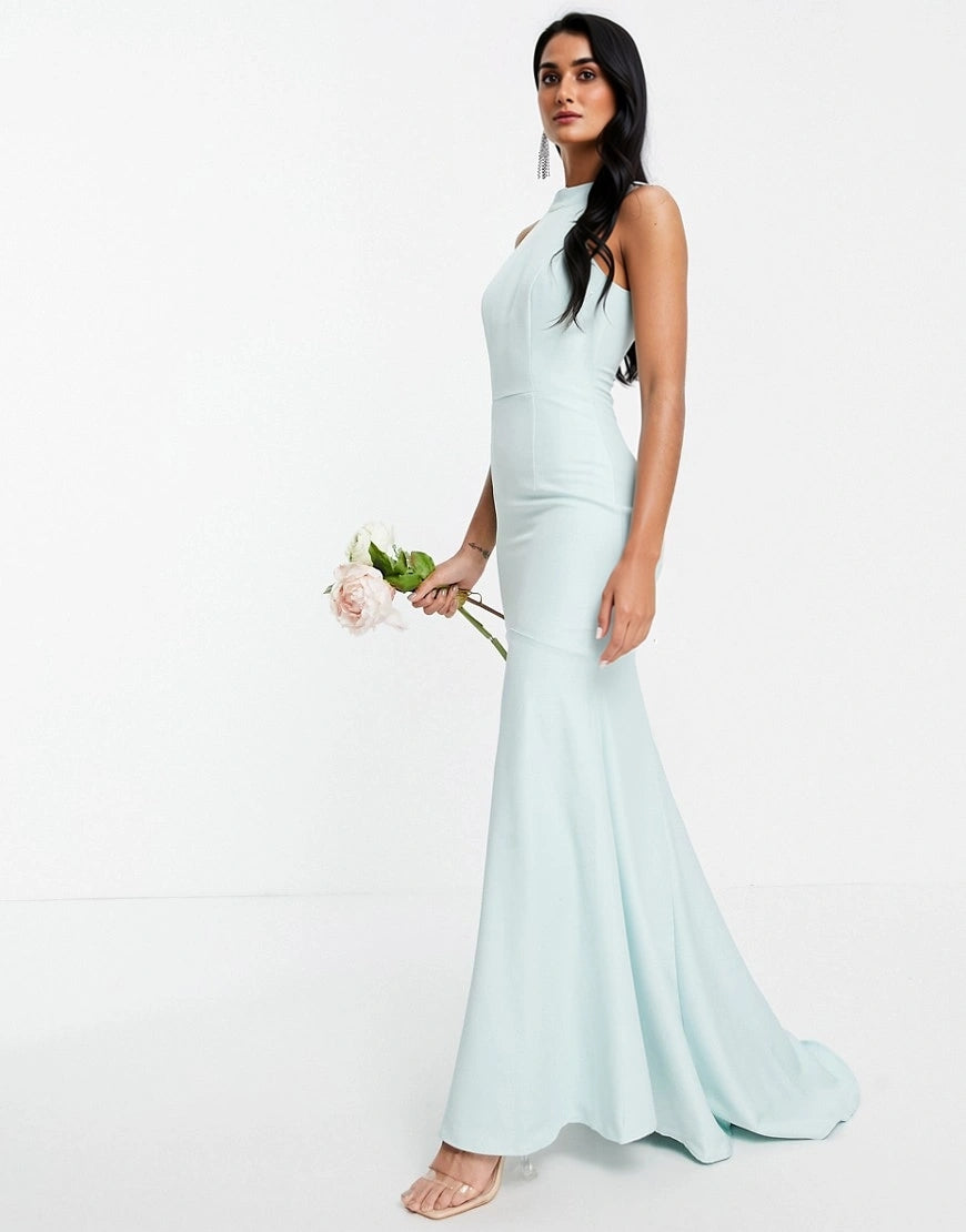 Jarlo Womens High Neck Lace Back Maxi Dress in Blue In Green
