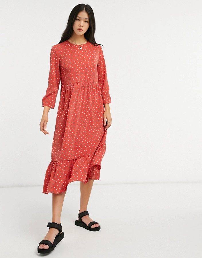 Glamorous Womens Midi Smock Dress With Peplum In Red