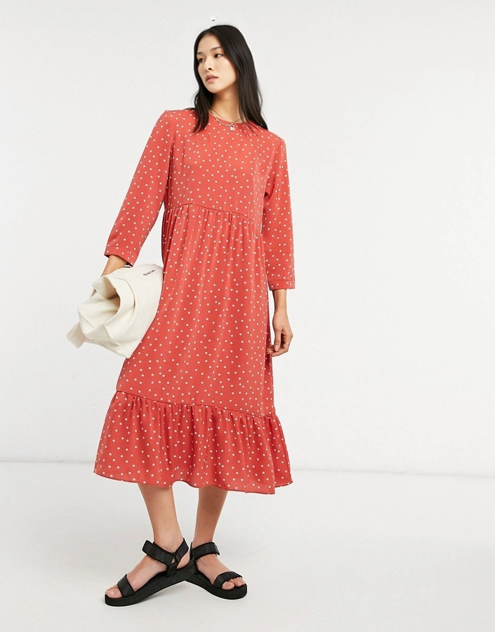 Glamorous Womens Midi Smock Dress With Peplum In Red