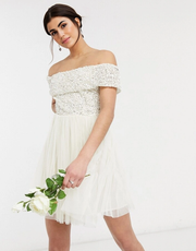 Womens Maya Off Shoulder Mini Tulle Dress With Tonal Delicate Sequin in Ecru