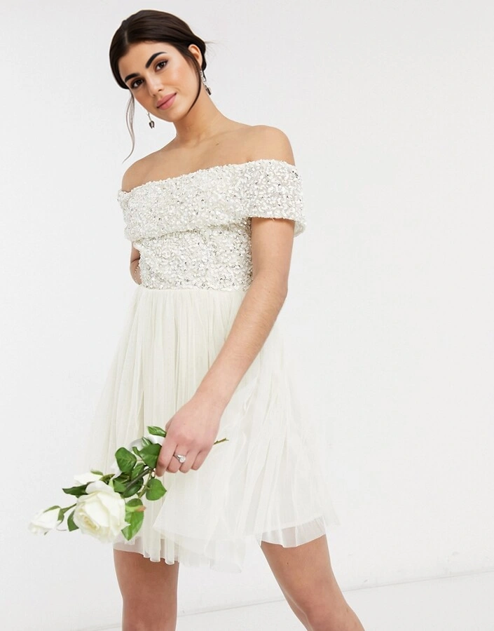 Womens Maya Off Shoulder Mini Tulle Dress With Tonal Delicate Sequin in Ecru