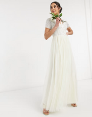 Maya Womens Bridal V Neck Maxi Tulle Dress With Sequin in Ecru