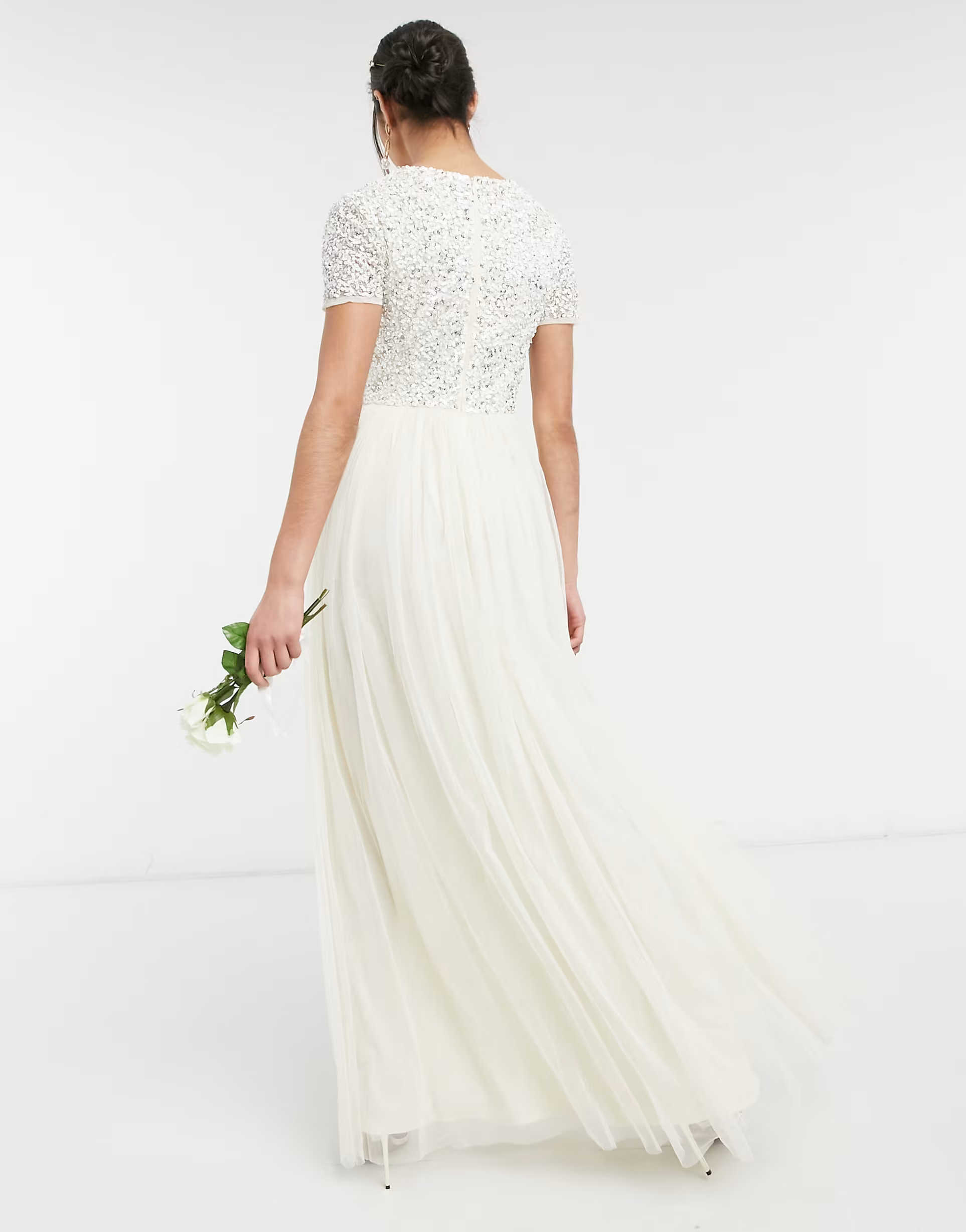 Maya Womens Bridal V Neck Maxi Tulle Dress With Sequin in Ecru