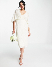 Maya Womens Delicate Sequin Wrap Midi Pencil Dress in Ecru