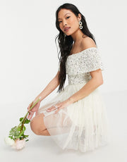Maya Womens Petite Off Shoulder Mini Tulle Dress With Sequin in Ecru