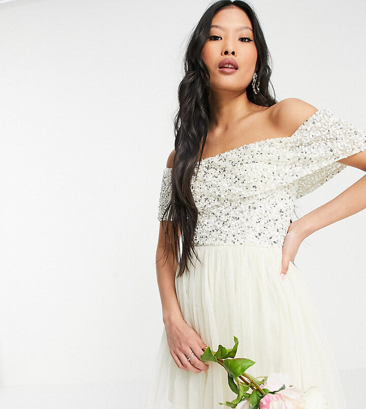 Maya Womens Petite Off Shoulder Mini Tulle Dress With Sequin in Ecru