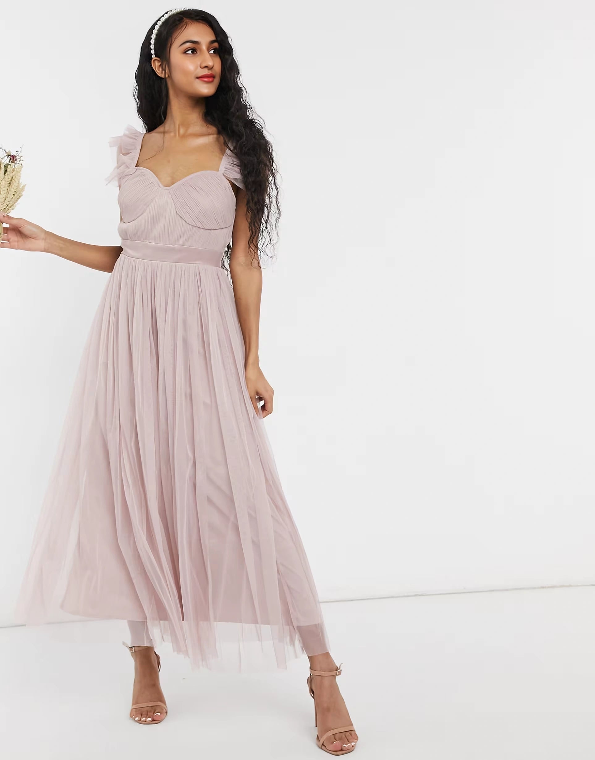 Anaya Womens With Love Bridesmaid Tulle Frill Sleeve Maxi Dress In Pink