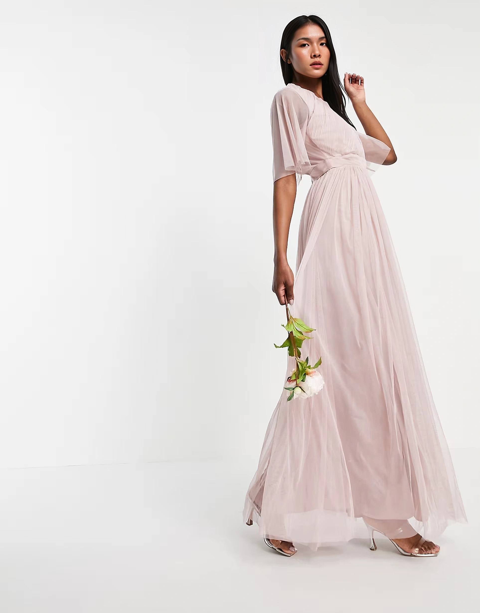 Anaya Womens With Love Bridesmaid Tulle Flutter Sleeve Maxi Dress In Pink
