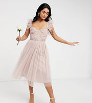 Womens Anaya With Love Petite Bridesmaid Tulle Frill Sleeve Midi Dress In Pink