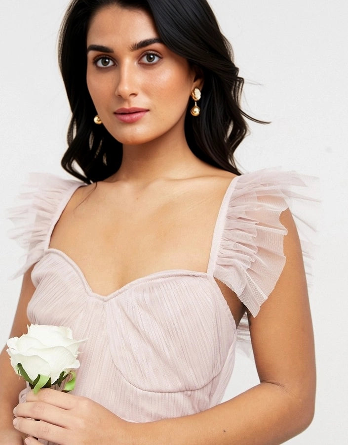 Womens Anaya With Love Petite Bridesmaid Tulle Frill Sleeve Midi Dress In Pink