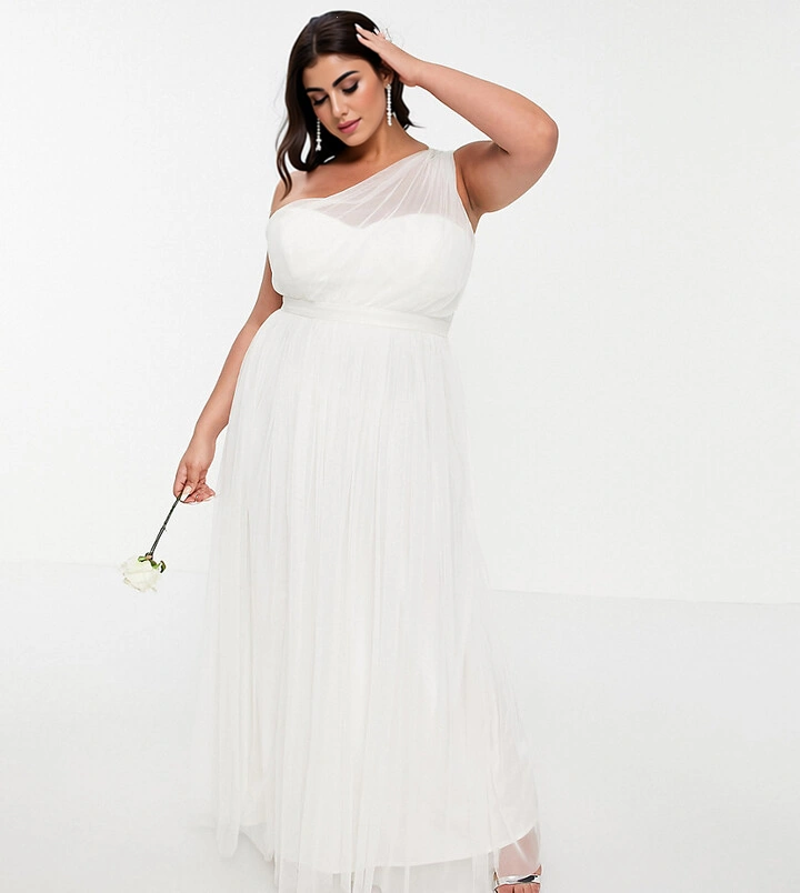 Anaya Plus Womens With Love Tulle One Shoulder Maxi Dress in White
