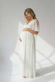 Anaya Maternity Womens Tulle Flutter Sleeve Maxi Dress In White