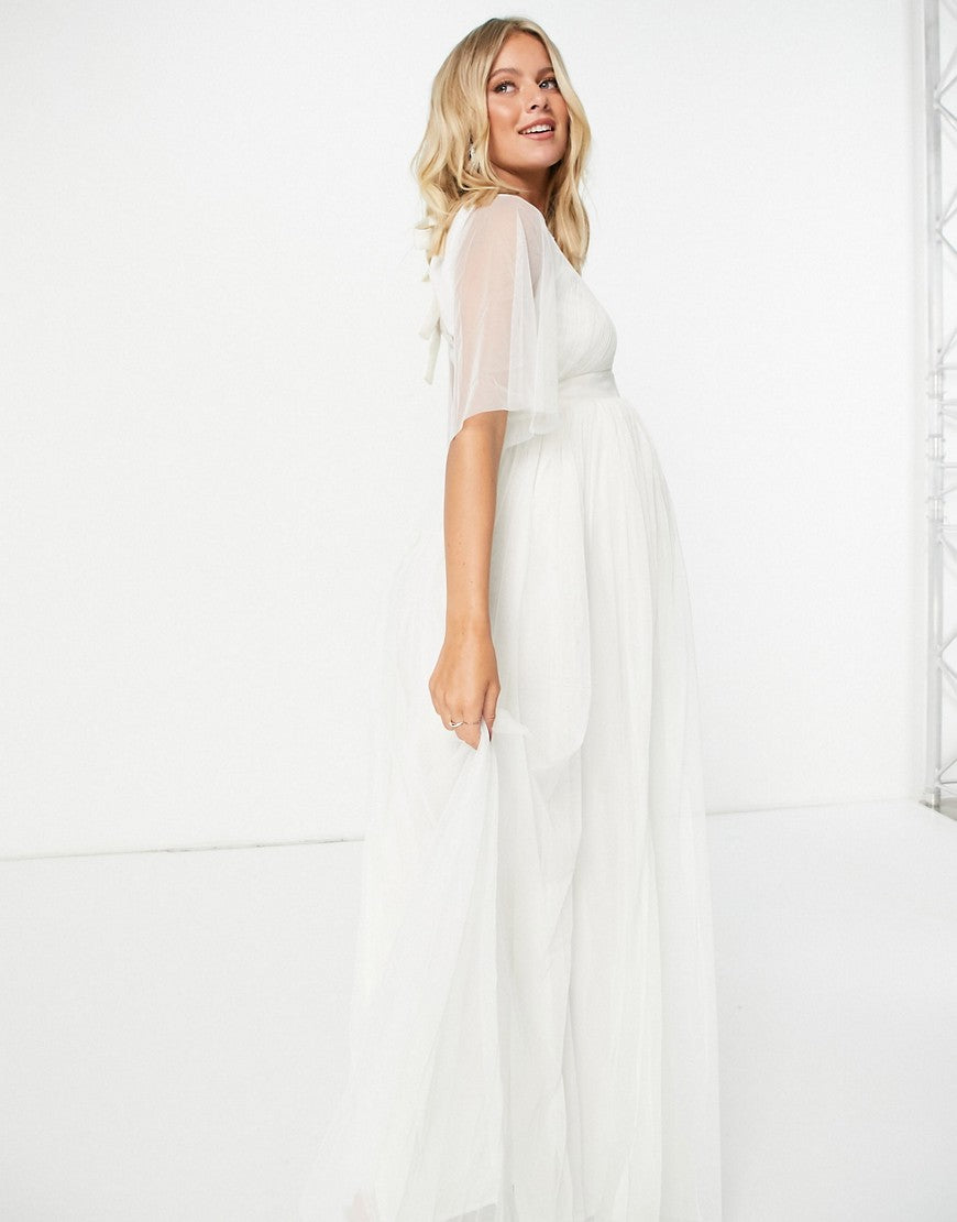 Anaya Maternity Womens Tulle Flutter Sleeve Maxi Dress In White