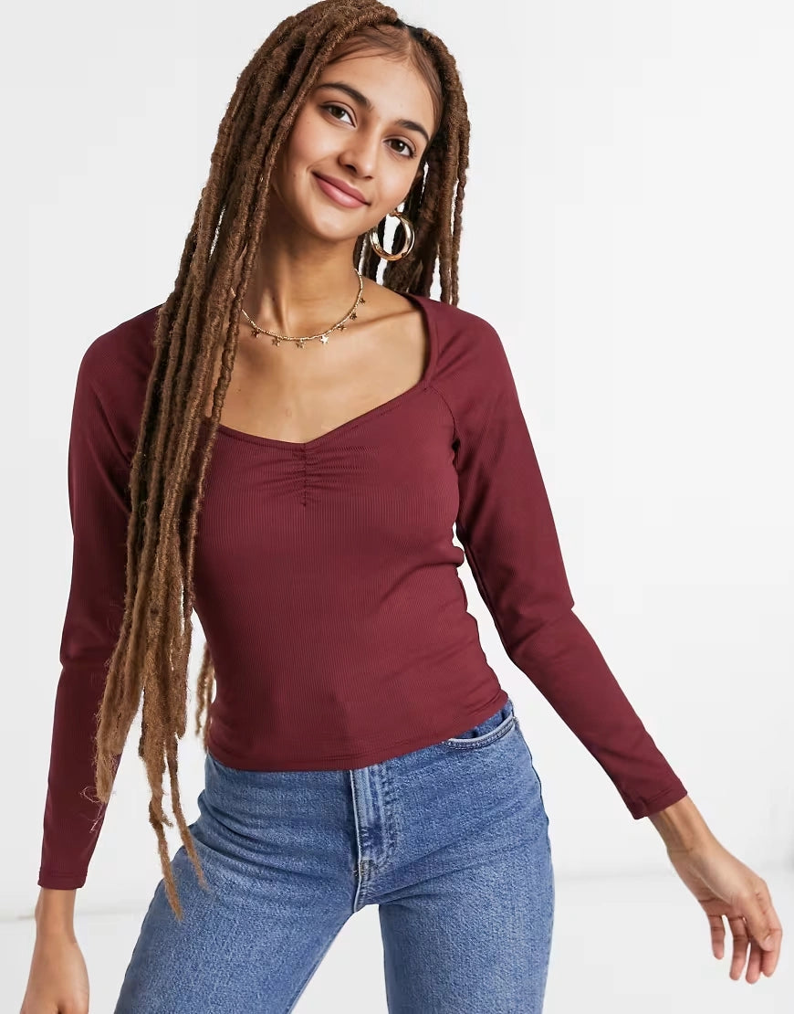 Womens Monki Monique Long Sleeve Top in Wine