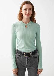Womens & Other Stories Ribbed Long Sleeve Top With Collar In Light Green