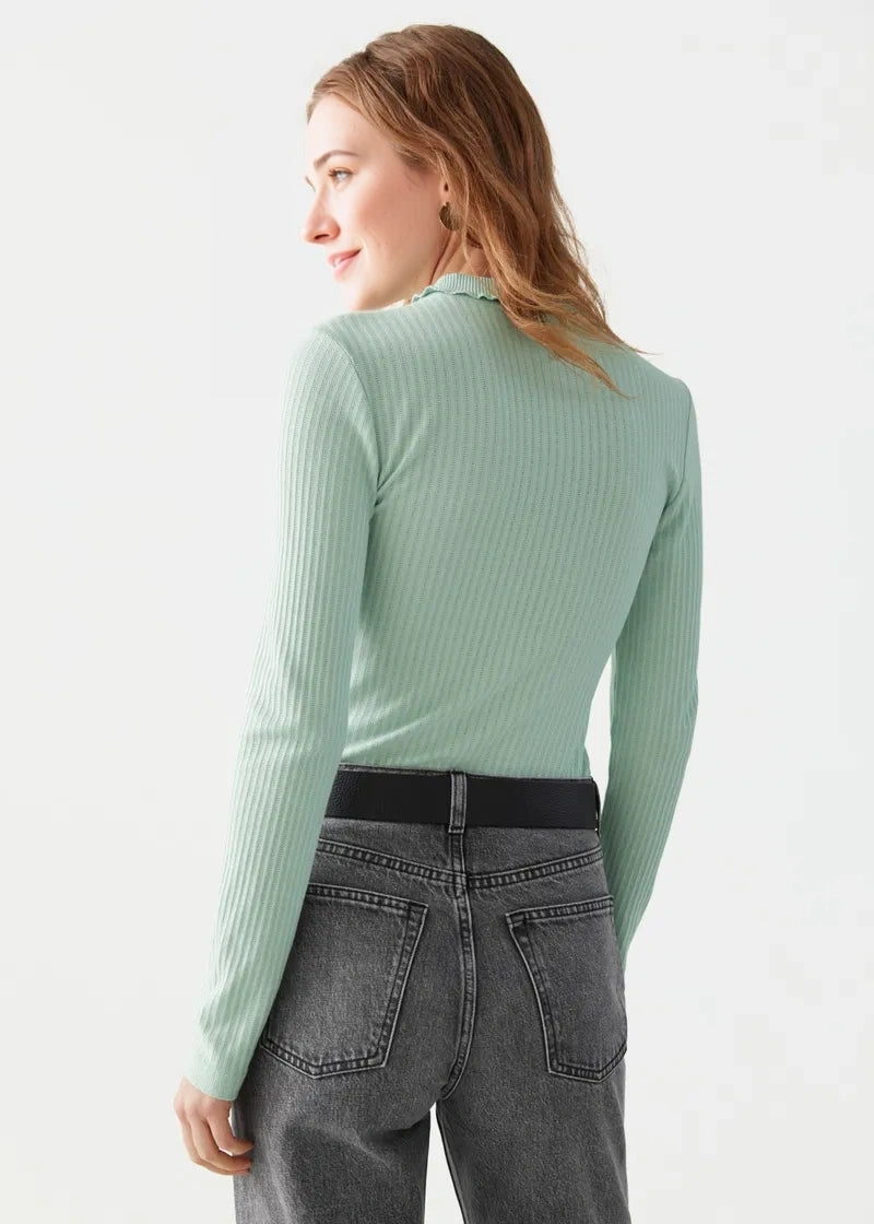 Womens & Other Stories Ribbed Long Sleeve Top With Collar In Light Green