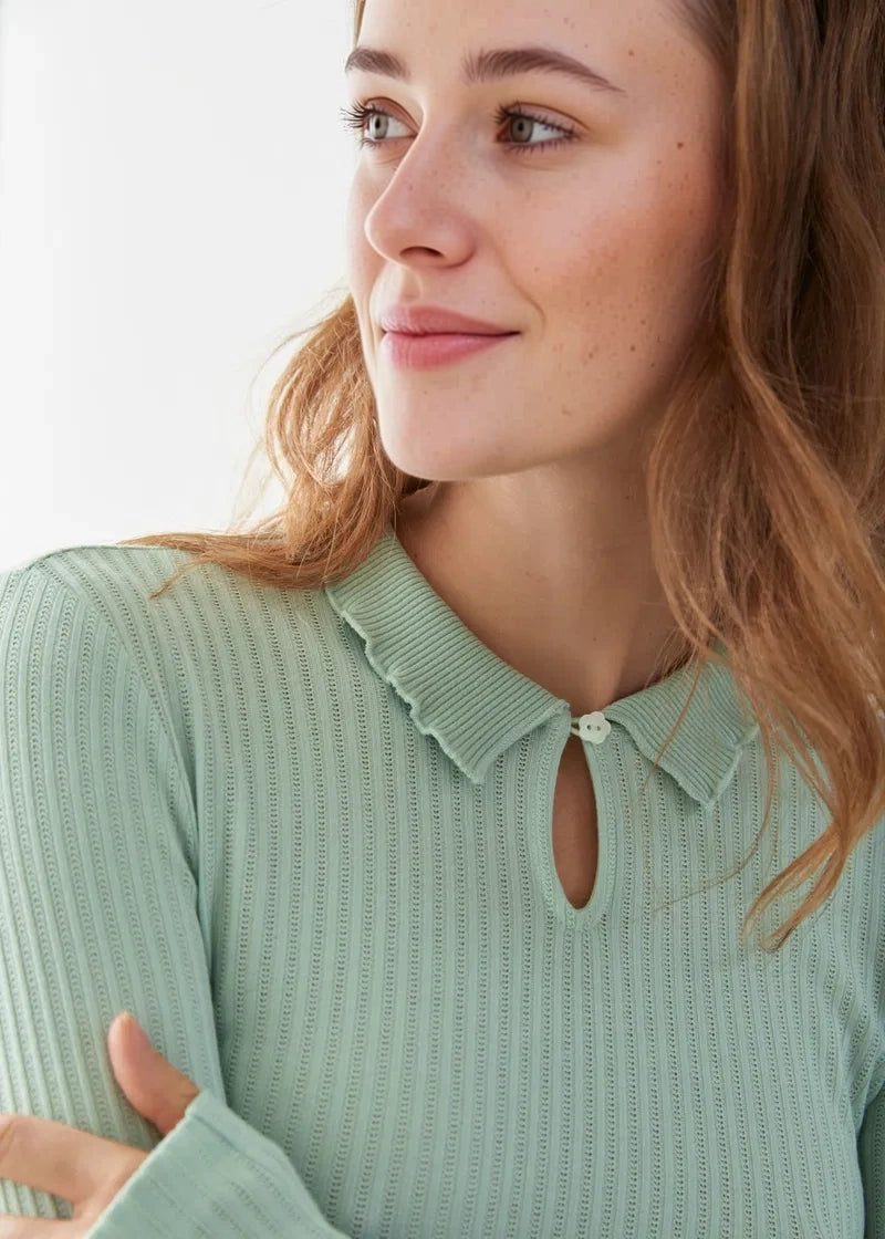 Womens & Other Stories Ribbed Long Sleeve Top With Collar In Light Green