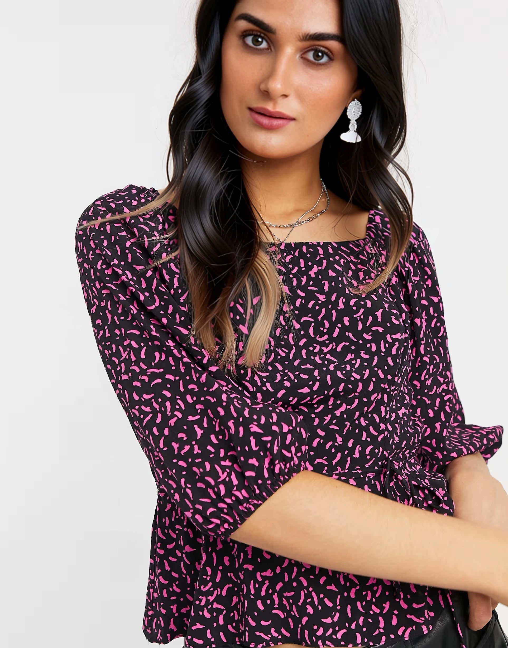 Womens New Look Square Neck Textured Top In Black Pattern
