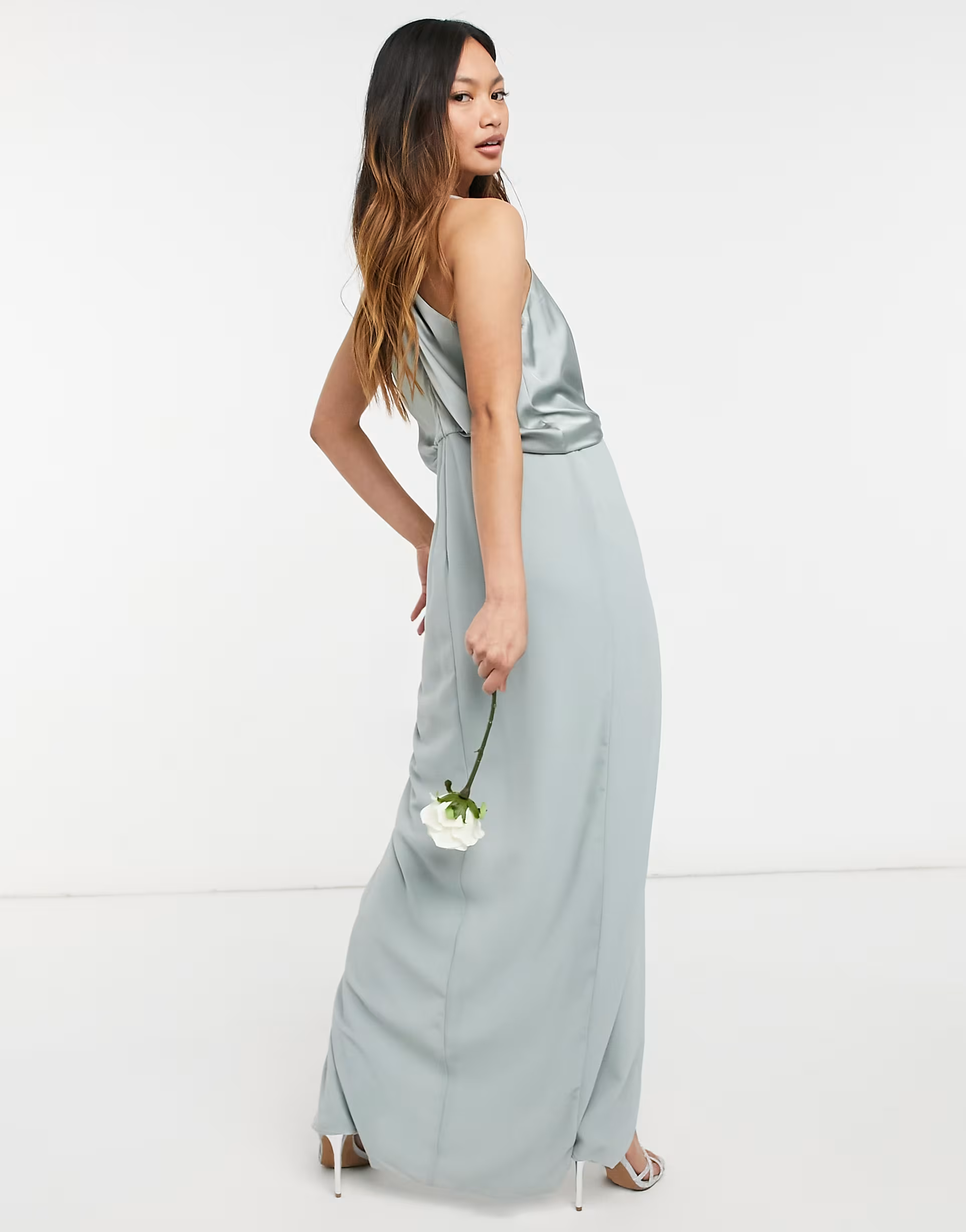 TFNC bridesmaid satin halterneck top maxi dress in sage
