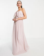 TFNC Womens Bridesmaid Drape Shoulder Asymmetric Maxi Dress in Mink