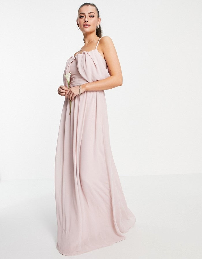 TFNC Womens Bridesmaid Drape Shoulder Asymmetric Maxi Dress in Mink