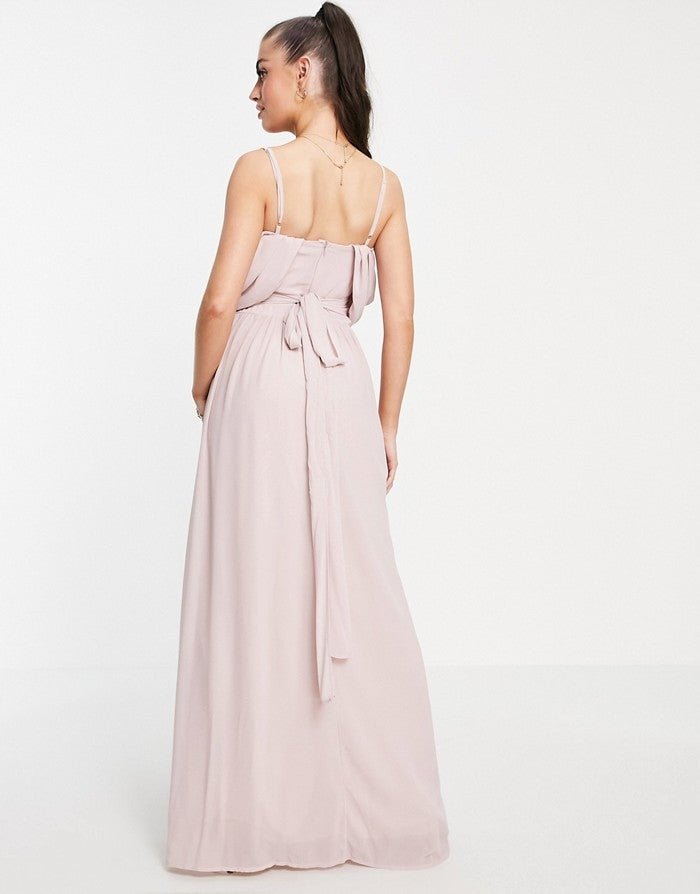 TFNC Womens Bridesmaid Drape Shoulder Asymmetric Maxi Dress in Mink