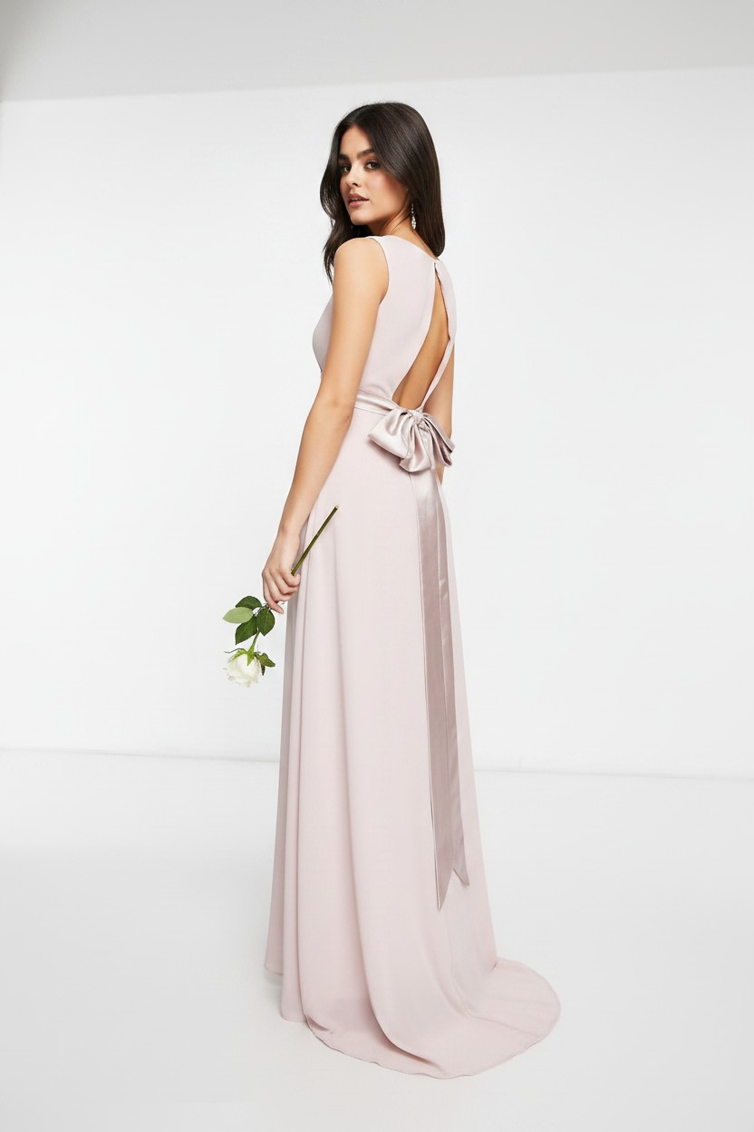 TFNC Womens Bridesmaid Plunge Front Bow Back Maxi Dress in Mink