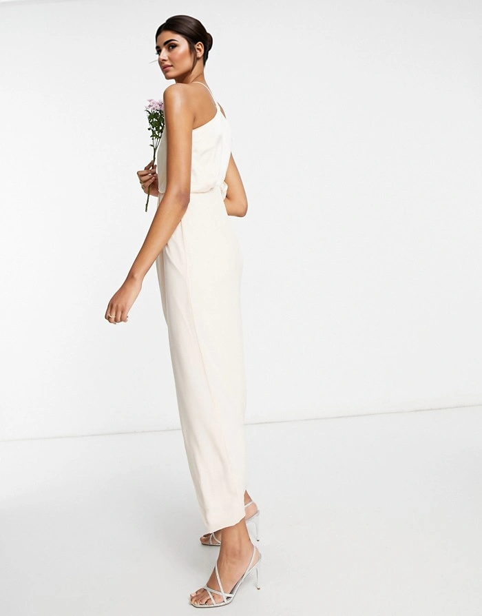 Tfnc Womens Bridesmaid Satin Halterneck Top Maxi Dress in Light Blush