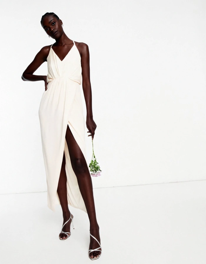 Tfnc Womens Bridesmaid Satin Halterneck Top Maxi Dress in Light Blush