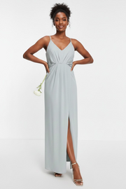 TFNC Womens Tall Bridesmaid Satin Halterneck Top Maxi Dress in Sage In Green