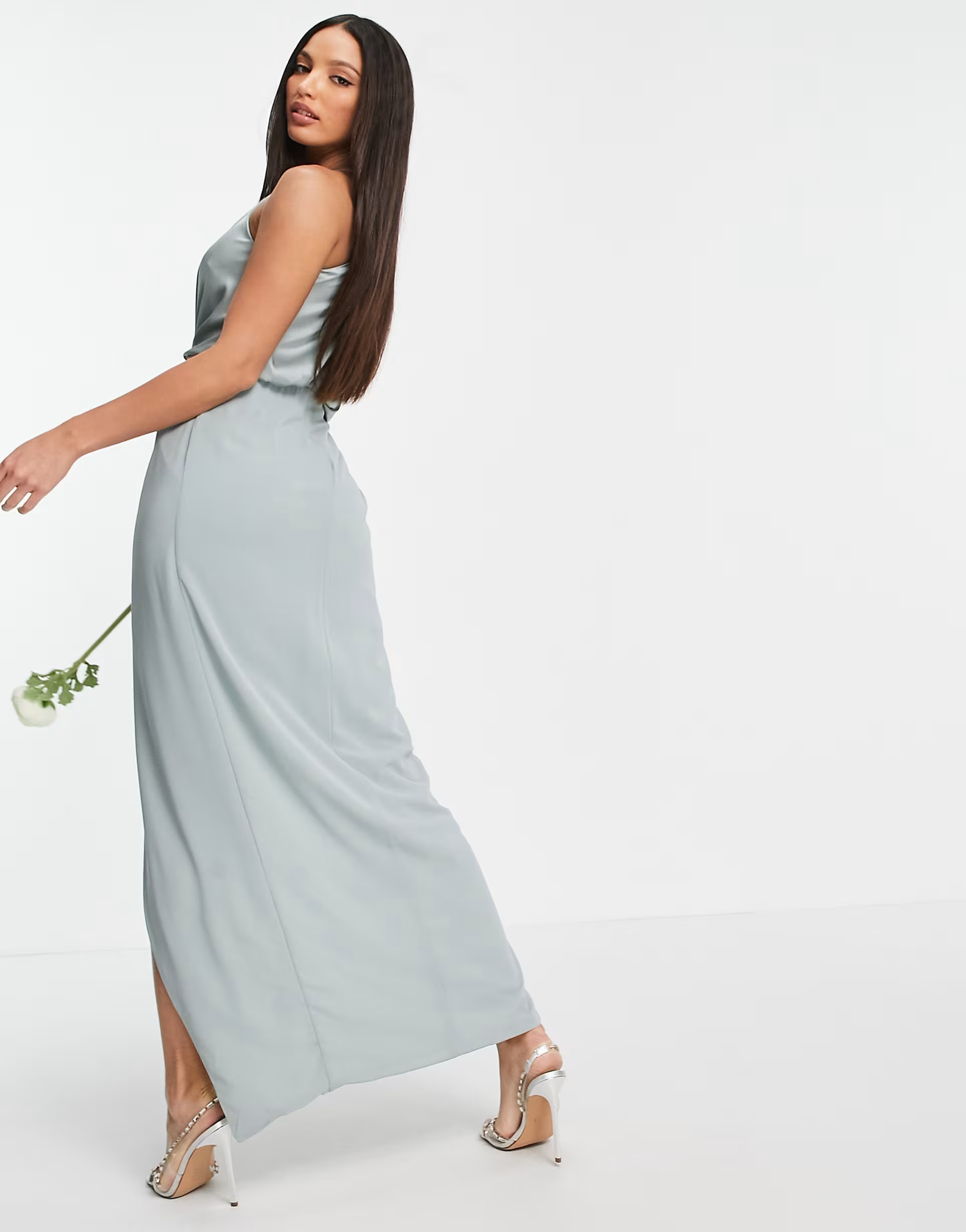 TFNC Womens Tall Bridesmaid Satin Halterneck Top Maxi Dress in Sage In Green