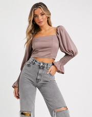 In The Style Womens Square Neck Shirred Sleeve Crop Top in Taupe