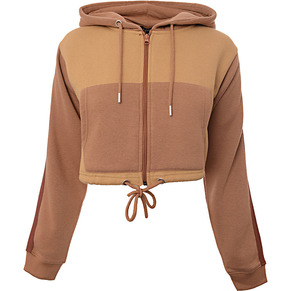 Lasula Women&#39;s Tan Contrast Cropped Zip Through Hoodie