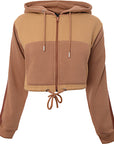 Lasula Women's Tan Contrast Cropped Zip Through Hoodie