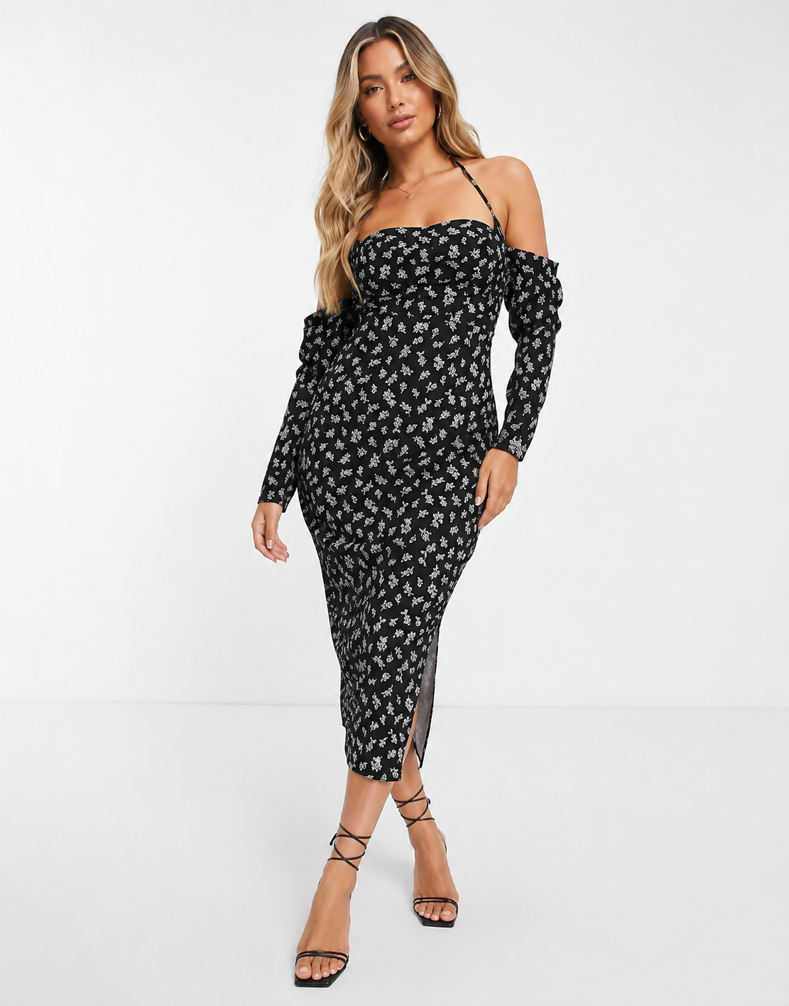 Koco & K Womens Off Shoulder Strappy Back Midi Dress in Ditsy Print