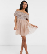 Maya Womens Petite Bridesmaid Off Shoulder Mini Tulle Dress With Sequin in Taupe Blush