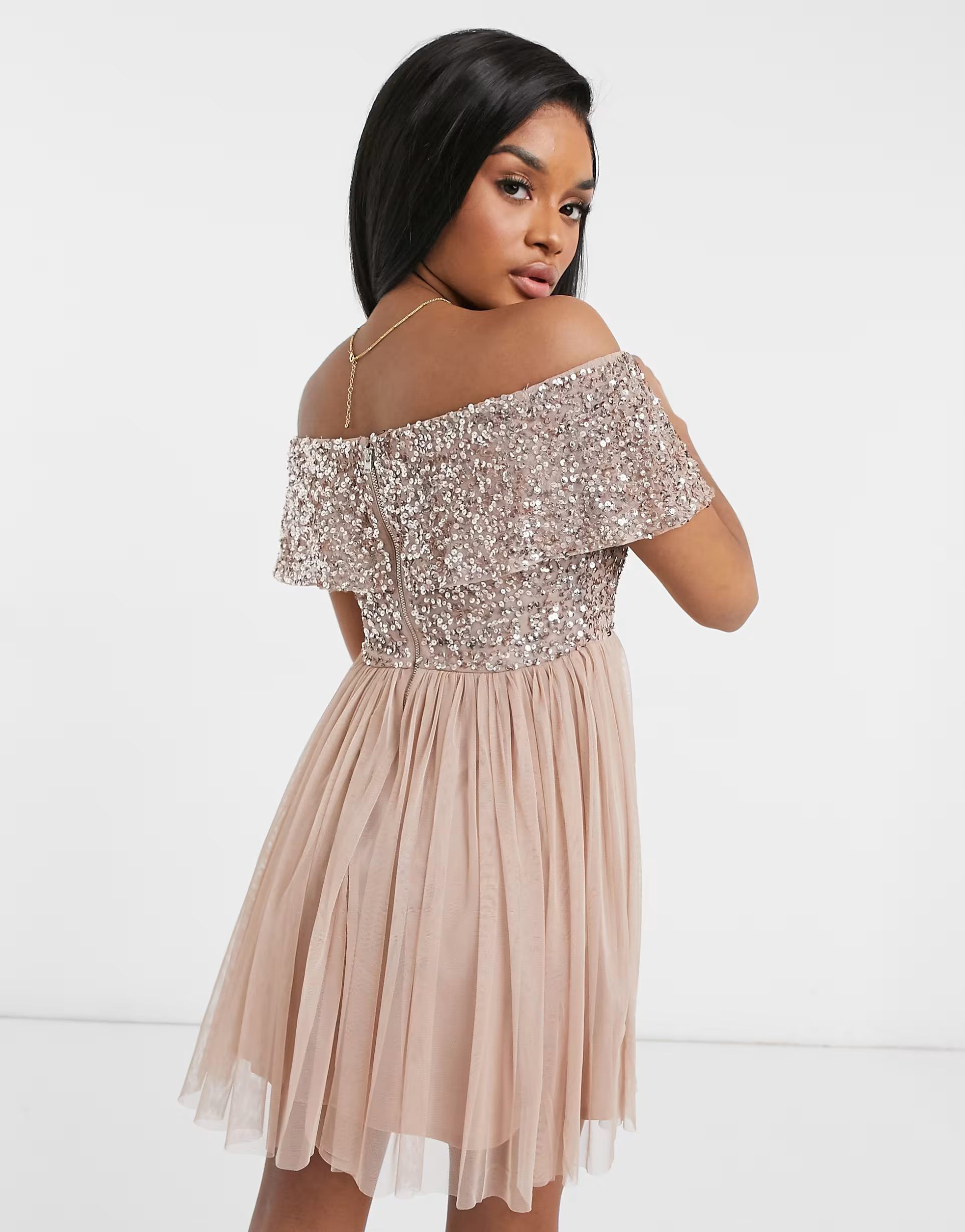 Maya Womens Petite Bridesmaid Off Shoulder Mini Tulle Dress With Sequin in Taupe Blush