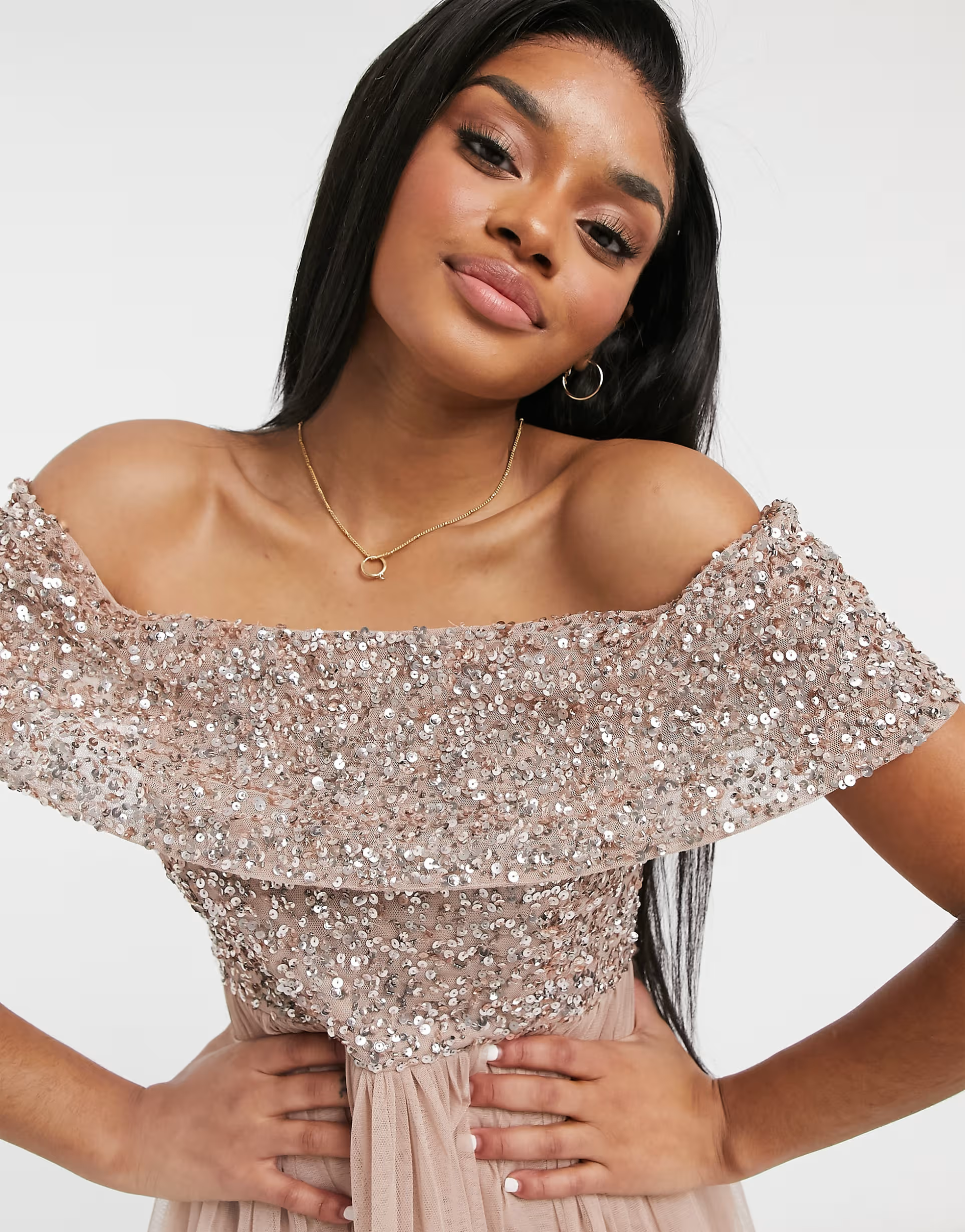 Maya Womens Petite Bridesmaid Off Shoulder Mini Tulle Dress With Sequin in Taupe Blush