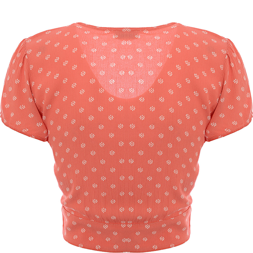 Hollister Womens Coral Tie Front Short Sleeve Floral Top