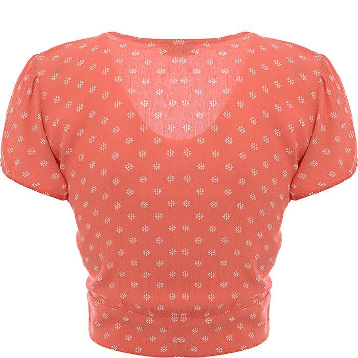 Hollister Womens Coral Tie Front Short Sleeve Floral Top