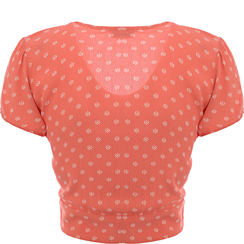 Hollister Womens Coral Tie Front Short Sleeve Floral Top