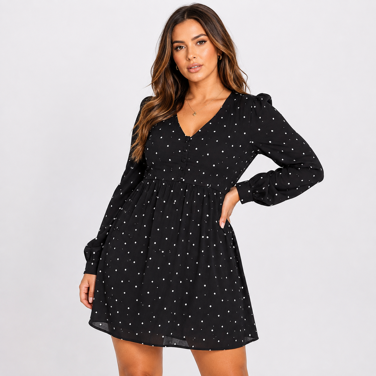 Missguided Plus Womens Tea Dress With Long Sleeves in Black Dalmatian