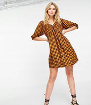 Wednesday's Girl Womens Mini Smock Dress With Puff Sleeves in Contrast Gingham